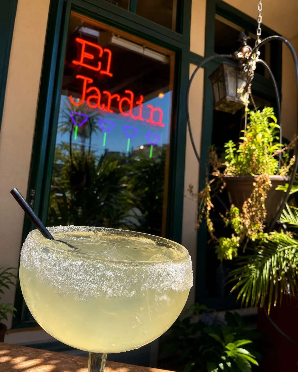A house margarita in front of the El Jardín neon window sign