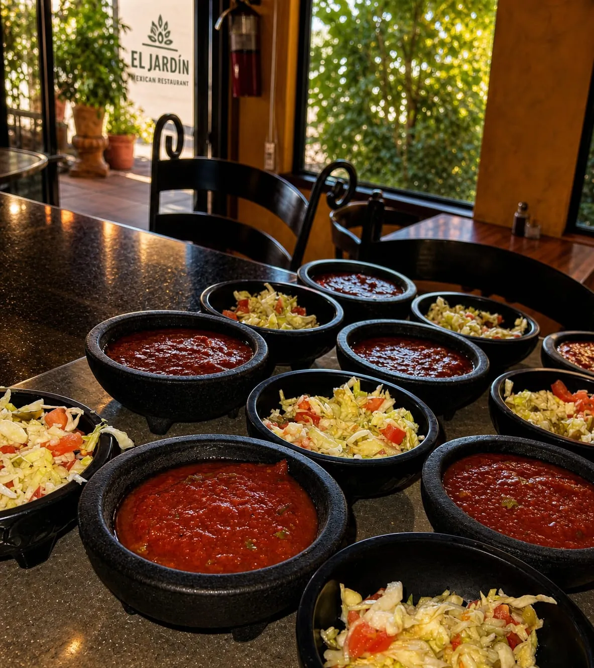 Bowls of fresh salsa and cabbage salad lined up on the counter